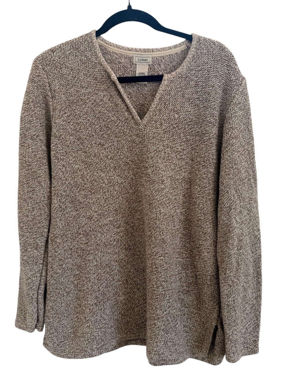 Vintage L.L. Bean Women's Heathered Marled Taupe V-Notch V-Neck Sweater